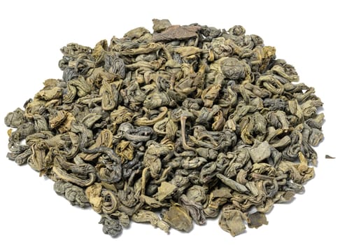 Twisted dry green tea leaves, healthy drink. Top view