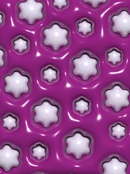 White inflated stars on a purple background, 3D rendering illustration