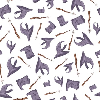 A seamless pattern of witch hat, boots and a half-legged stick on a light background