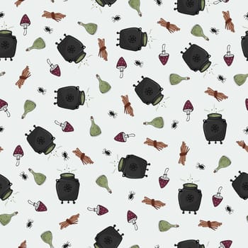 Seamless pattern with witch paraphernalia. For textile, wrapping paper, posters and decoration on Halloween.