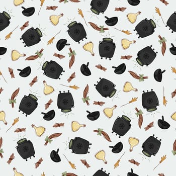 Seamless patterns with witch pots, a lock of hair, chicken legs and potions in a jar for Halloween celebrations
