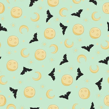 A seamless pattern to celebrate Halloween with a full moon, crescent moon, bat and stars on a green background