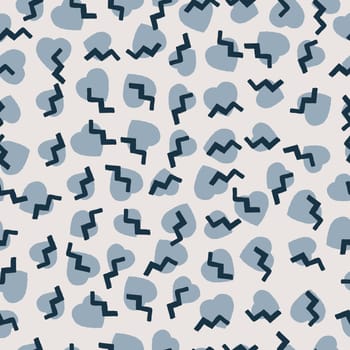 Vector multicolor seamless pattern from blue hearts and blots. Free form abstract spots