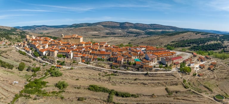 Aerial panoramic view of Puertomingalvo province of Teruel listed as beautiful towns of Spain