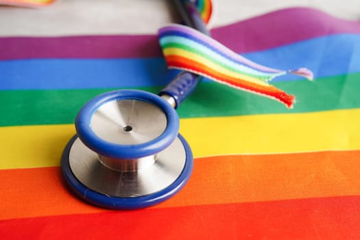 LGBT symbol, Stethoscope with rainbow ribbon, rights and gender equality, LGBT Pride Month in June.
