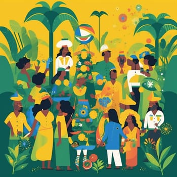 This image represents the Brazilian holiday of Republic Day, which is celebrated on November 15th. The image includes elements such as the Brazilian flag, cultural icons, and historical figures to convey the holiday's significance as a national celebration. The color palette includes greens, blues, and yellows to evoke the vibrancy and diversity of Brazil. In addition, the image features people participating in parades and festivities, as well as symbols of democracy and freedom such as the statue of Christ the Redeemer and the Brazilian Congress building.