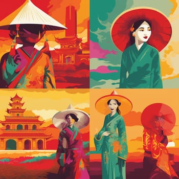 Experience the richness and vibrancy of Vietnamese culture with this image that represents the country's cultural and historical significance. The image features the Vietnamese flag, traditional dress, and architectural landmarks, conveying the country's national identity. The color palette includes reds, yellows, and blues to evoke the richness and vibrancy of Vietnamese culture. People are seen celebrating together and showcasing their heritage, while symbols of unity and progress abound.