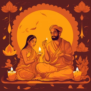 Join the celebrations as Hindus and Buddhists commemorate the holiday of Guru Purnima! This image incorporates elements that represent the holiday's significance, such as images of gurus or spiritual leaders, candles or lamps, and symbols of wisdom or knowledge. The color palette includes bright, warm colors like orange or gold, evoking a sense of spirituality and enlightenment. The image also features people engaging in traditional practices like meditation or chanting, symbolizing inner peace and growth.
