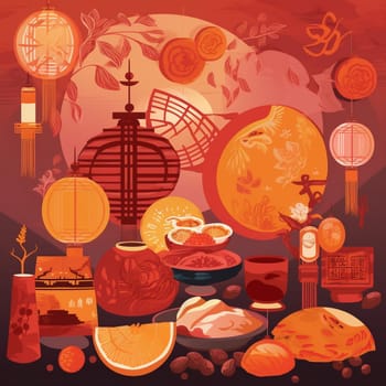 Celebrate the Chinese festival of Mid-Autumn with this image that represents the holiday's spiritual and festive nature. The image features mooncakes, lanterns, and the full moon, conveying the holiday's spiritual and festive nature. The color palette includes bright reds, oranges, and yellows to evoke the warmth and joy of the festival. People are seen enjoying mooncakes and admiring the beauty of the full moon, while symbols of family and togetherness abound.