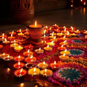 This image captures the vibrancy and joy of Diwali, the Hindu festival of lights. The image features elements such as diyas, rangoli, and sweets to convey the holiday's spiritual and festive nature. The color palette includes bright oranges, yellows, and pinks to evoke the vibrancy and joy of the festival. The image also incorporates symbols of prosperity and happiness, such as people lighting diyas and creating rangoli designs. This image is a celebration of the triumph of light over darkness, good over evil, and knowledge over ignorance.