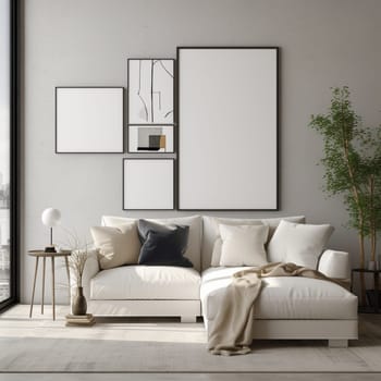 Take a look at this stunning contemporary interior with a white sofa as the focal point! The room also features a versatile vertical frame mockup that can showcase a variety of photos or artworks in different styles and sizes. This space is perfect for both relaxation and creativity.