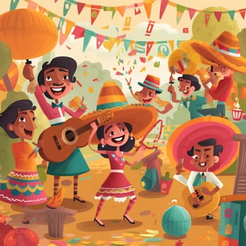 Celebrate Cinco de Mayo with this festive cartoon image! This lively image features cartoon characters in traditional costumes celebrating the Mexican holiday with music, dancing, and food.