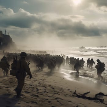 Experience the courage and sacrifice of the soldiers who stormed the beaches of Normandy on June 6, with this powerful image that honors the bravery of the Allied forces. The composition captures the chaos and intensity of the battlefield, with soldiers in the midst of combat, planes overhead, and ships on the horizon. The style is realistic with muted colors to convey the gravity of the situation. It's a tribute to the soldiers who fought for freedom and democracy, and a reminder of the importance of their sacrifice.