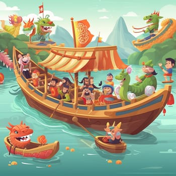 Celebrate the Dragon Boat Festival with this lively cartoon image! This colorful image features cartoon characters of all ages and cultures participating in the famousdragon boat races, with traditional decorations and symbols of Chinese culture and heritage.