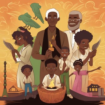 Celebrate Juneteenth with this vibrant cartoon image! This lively image features cartoon characters of different ages and cultures coming together to honor the end of slavery, with traditional decorations and symbols of African American heritage and pride.