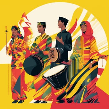 Join the festivities of Bruneian National Day with this image of people celebrating Bruneian culture and heritage, with traditional foods, costumes, and music. The color palette that incorporates the colors of the Bruneian flag, such as black, white, and yellow, adds a patriotic touch, while the dynamic and lively composition style captures the people in motion and the colors blending together in an abstract way.