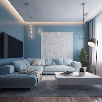 Relax and unwind in this modern, minimalist living room featuring an abstract gentle light blue background. Decorated with decorative white panels and hidden lighting, this room creates a warm and inviting atmosphere. The textured walls with intricate shadow from tree branches, and the light and smooth floor, all contribute to the overall simple yet elegant look. The soothing color scheme will appeal to anyone looking for a calm and relaxing space.