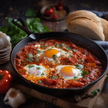 Capture the essence of Israeli cuisine with this close-up shot of Shakshuka, a spicy poached egg dish. The dish features eggs poached in a flavorful and spicy tomato-based sauce, with onions, peppers, and a blend of spices like cumin, paprika, and chili powder. Garnished with fresh parsley leaves and served with a side of warm pita bread, this dish is perfect for a lively and festive mood. The bright, natural lighting and vibrant colors of the market scene add to the lively atmosphere.