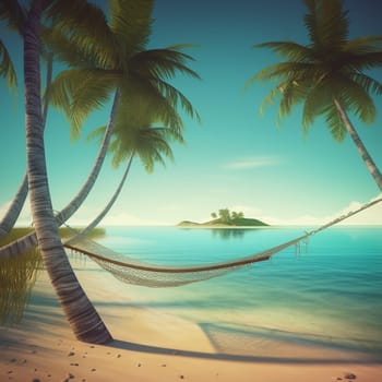 Escape to a world of calm and tranquility with this serene beach scene featuring a beautiful blue background. The deep shade of blue-green water gently laps at the shore, while palm trees sway in the breeze. A hammock is strung between two of the trees, inviting you to relax and take in the peaceful surroundings. The overall effect is one of serenity and calm.