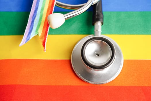 LGBT symbol, Stethoscope with rainbow ribbon, rights and gender equality, LGBT Pride Month in June.