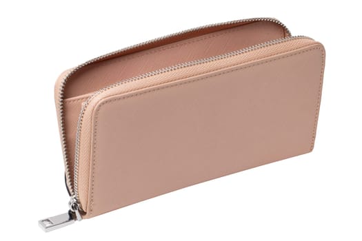 Fashionable beige womens wallet or purse isolated on a white background. Female trendy accessories. Woman's hand bag. Macro.