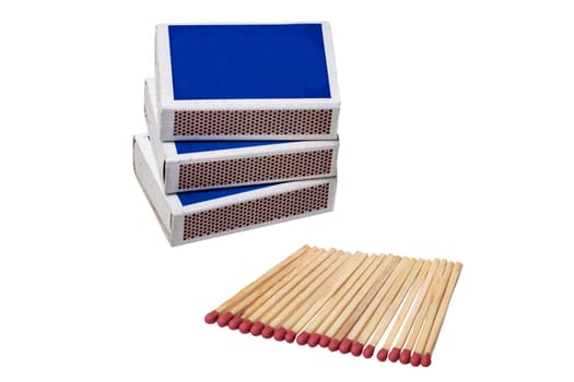 Closeup of five matchboxes with one opened isolated on a white background with copyspace. Clipping path. Savety matches in boxes. Macro.