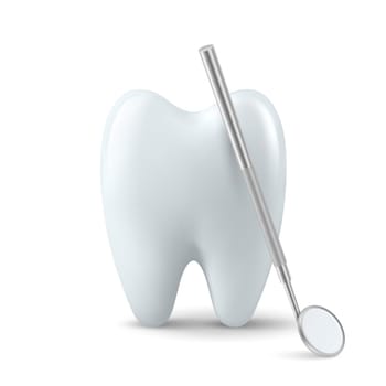 Vector 3d Realistic Dental Inspection Mirror for Teeth with Tooth Icon Closeup Isolated on White Background. Medical Dentist Tool. Design Template, Clipart. Dental Health Concept.