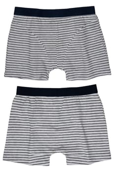 Male underwear isolated. Collage of a gray striped boxer short isolated on a white background. Mens underwear fashion. Front and back view. Short pants.