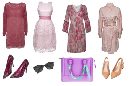 Collage woman clothes. Set of luxurious trendy women dresses, stylish high heels, handbag andaccessories isolated. Female woman apparel collection. Women fashion clothing outfit.