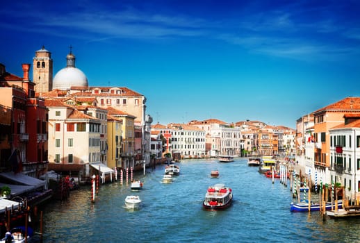 Grand canal with boats  at sunny day, Venice, Italy, retro toned
