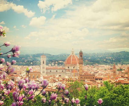 cityscape with church Santa Maria del Fiore at spring day with blooming magnolia, Florence, Italy, retro toned
