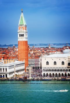 famous San Marco square waterfront at summer day, vertical shot, Venice, Italy, retro toned