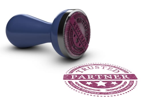 Trusted partner mark imprinted on a white background with rubber stamp. Concept background for illustration of trust in business and partnership.