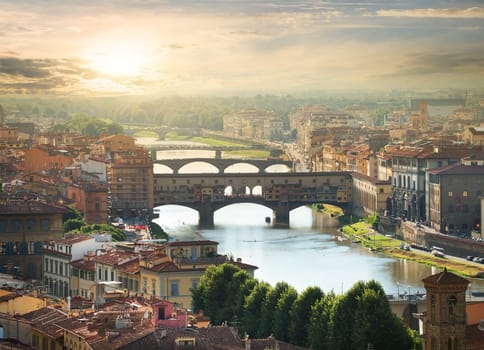 View on the bridges of Florence at sunrise