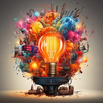 Light bulb with colorful explosion, idea and vision concept, brainstorming for solution, innovation and imagination of the fututre, generative AI