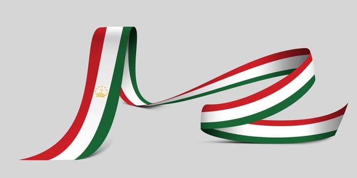 3D illustration. Flag of Tajikistan on a fabric ribbon background.