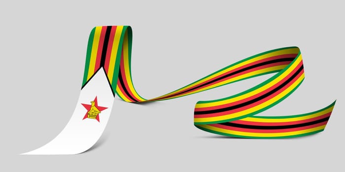 3D illustration. Flag of Zimbabwe on a fabric ribbon background.