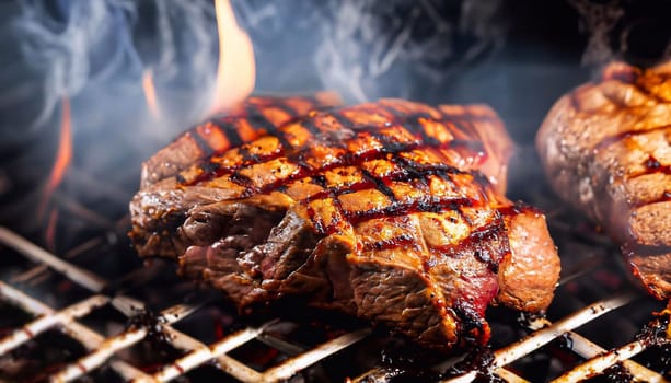 Barbecue dinner. Grilled lamb meat chops with onion and rosemary in black cast iron pan, top view, close-up. Slow food concept