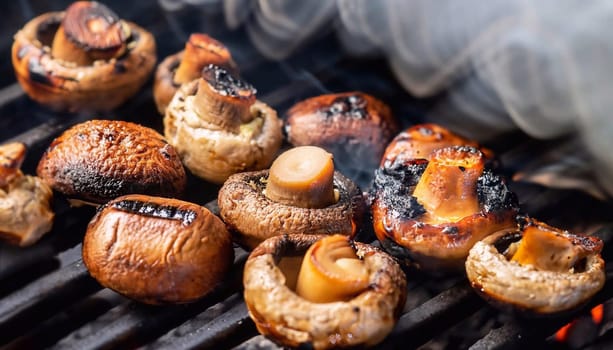 Vegetarian skewers with potatoes, mushrooms and onions in a herb dressing on grill pan