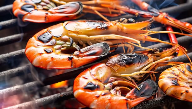 Shrimp on fire on the grill, close-up photo.