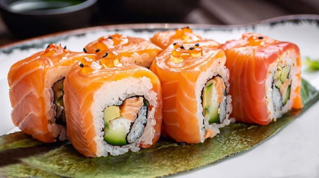 Eating Sushi with chopsticks. Sushi roll japanese food in restaurant. California Sushi roll set with salmon, vegetables, flying fish roe and caviar closeup. Japan restaurant menu