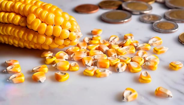 Field corn kernels and pennies in a pile. Concept of falling commodity prices due to tariffs in the trade war and weather conditions
