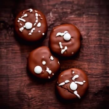 Close up of Heart Shaped Christmas Cookies with Almond Paste, Chocolate and Walnut on wooden background