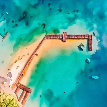 Aerial drone ultra wide panoramic photo of traditional wooden fishing boat anchored in crystal clear turquoise sea in island of Mykonos, Cyclades, Greece