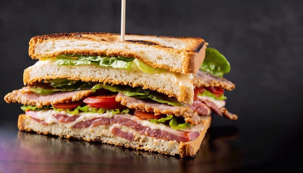 Tuna egg salad sandwich with green olives and black salt on the side on white wooden table against grey background