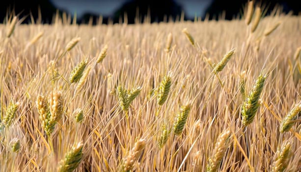 Macro close up of fresh ears of young green wheat in spring field. Agriculture scene.