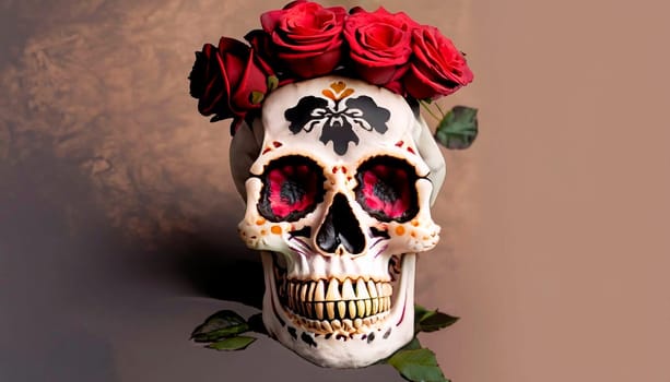Spooky black human skull surrounded with golden roses and black leaves isolated on a black background. Creative Halloween or Santa Muerte concept. Minimal romantic dark aesthetic wallpaper.