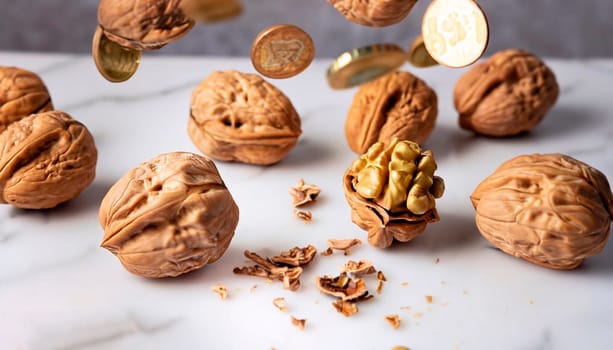 rounded frame of whole walnuts on a black background horizontal orientation