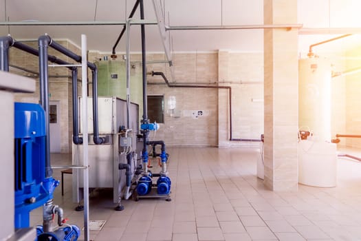 New boiler station, boiler room, an engine room. Technical equipment.
