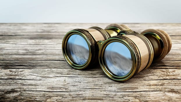 Vintage binoculars standing on old wooden surface. 3D illustration.